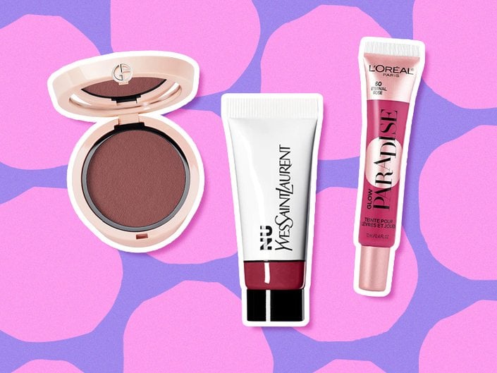 Collage of the YSL Beauty Nu Lip & Cheek Balmy Tint, the Armani Beauty Neo Nude Melting Color Balm and the L’Oréal Paris Glow Paradise Lip + Cheek Tint on a purple and pink background
