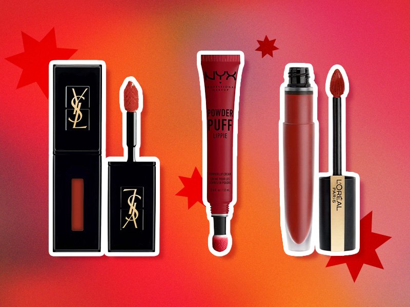 YSL, NYX, and L'Oreal lip stains on red background