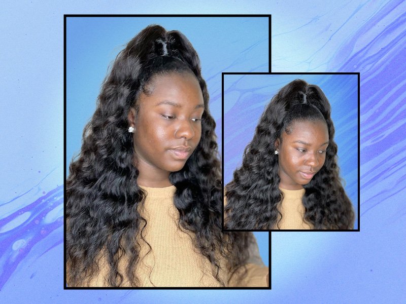 Person with her hair styled in a half-up, half-down style weave looking down