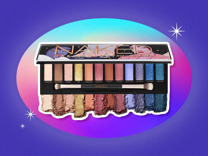 Urban Decay Naked x Robin Eisenberg Eyeshadow Palette against a purple and blue background