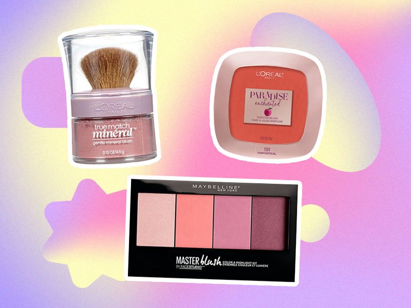 Image of three blushes on a purple and yellow graphic background 