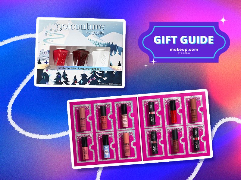 Essie Gel Couture Limited Edition Holiday Three-Piece Mini Gift Set and NYX Professional Makeup Diamonds & Ice 12 Day Lipstick Countdown Advent Calendar collage against a blue and purples background