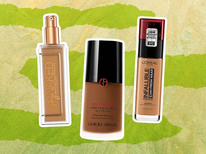 Urban Decay Stay Naked Weightless Liquid Foundation, Giorgio Armani Beauty Power Fabric+ Foundation and L'Oréal Paris Infallible Up to 24H Fresh Wear Foundation collage on a green background