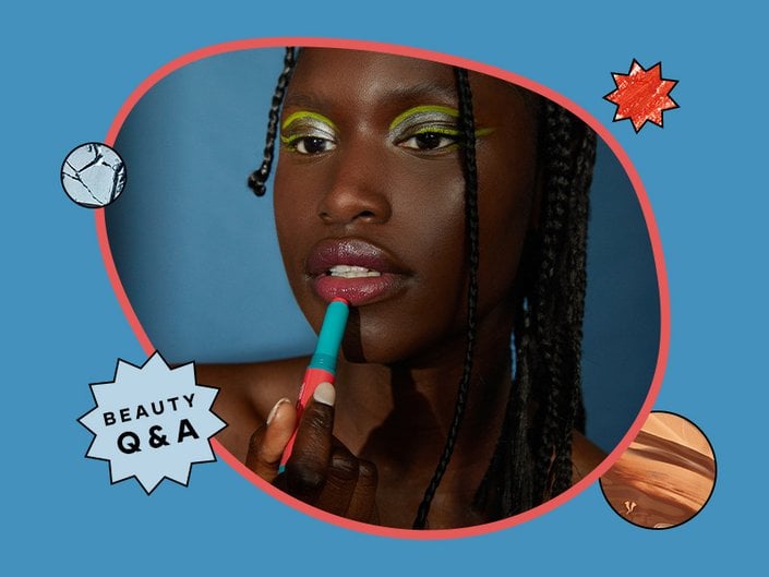 Model applying the Maybelline Green Edition Lip Blush to lips while looking in mirror. Photo is on a blue background.