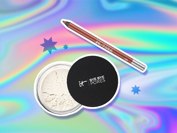 IT Cosmetics Bye Bye Pores Translucent Loose Setting Powder and Urban Decay 24/7 Glide-On Lip Pencil on graphic background