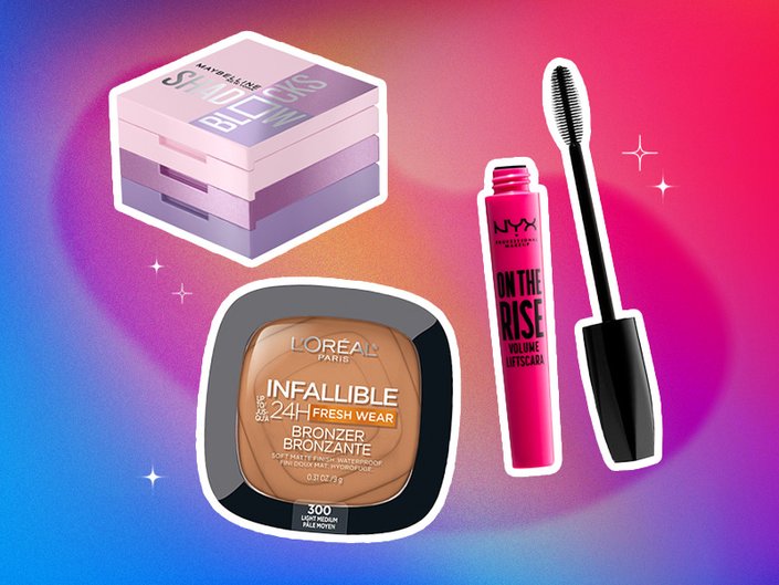 makeup products on graphic background