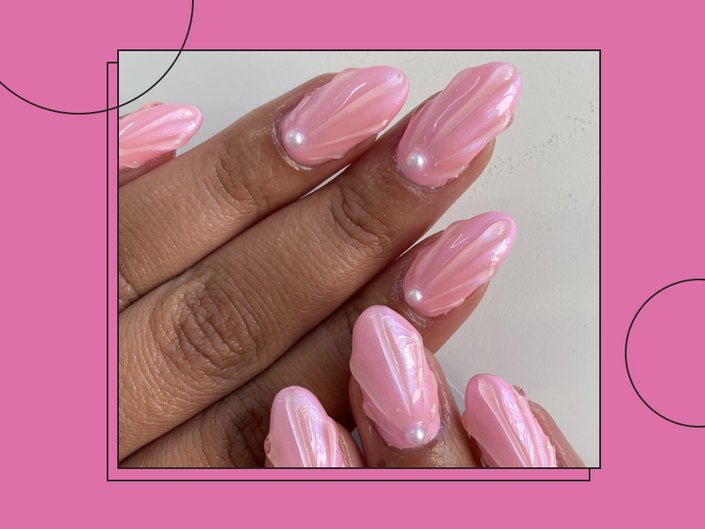 Collage with a pink background and a photo of someone’s hands with their nails decorated with textured pink shell nail art