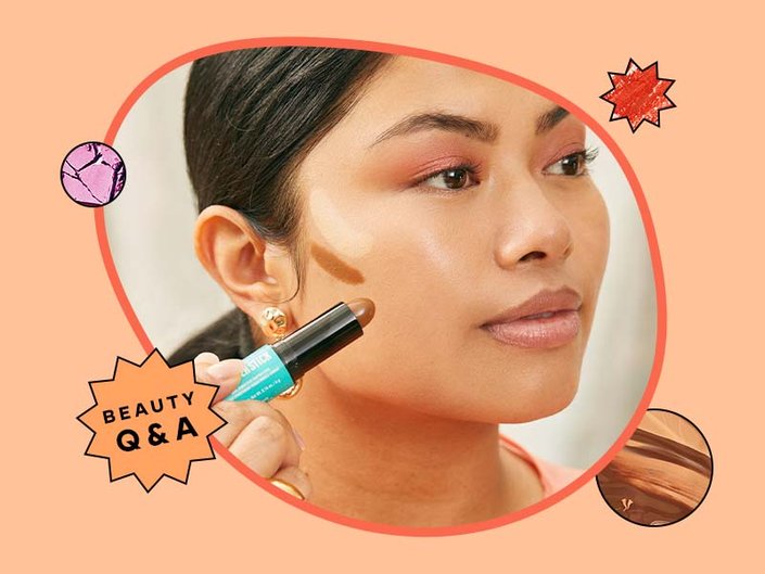 Photo of a person with dark hair pulled back in a ponytail applying the NYX Professional Makeup Wonder Stick Contour and Highlight Stick, collaged on an orange background with the Beauty Q&A logo