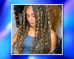 Picture of a person with knotless goddess braids with a blue gradient graphic border.