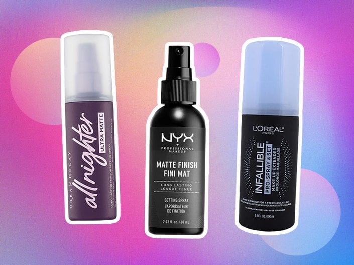 setting spray bottles collaged onto a colorful pink and purple background