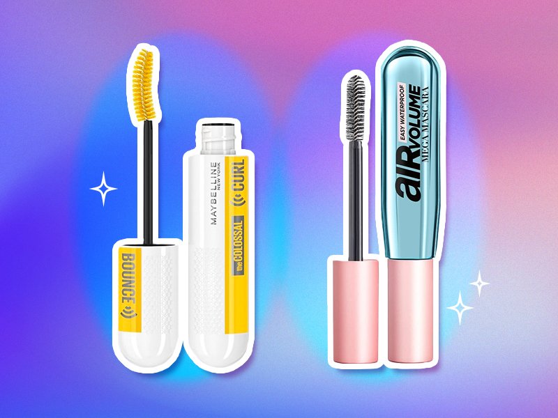 Image of Maybelline New York Volum' Express Colossal Curl Bounce Waterproof Mascara and L’Oréal Paris Air Volume Mega Mascara Waterproof on graphic background