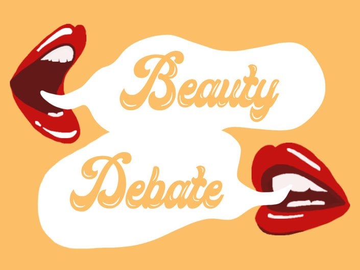A graphic featuring two mouths wearing red lipstick and the phrase “Beauty Debate” between them.