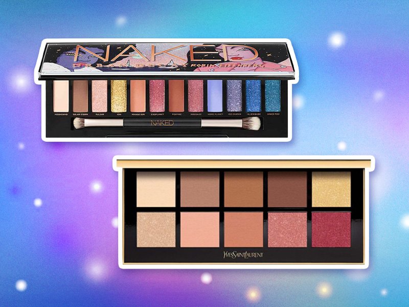 Image of Urban Decay Naked x Robin Eisenberg Eyeshadow Palette and YSL Beauty Couture Clutch Eyeshadow Palette Holiday Edition on blue graphic background