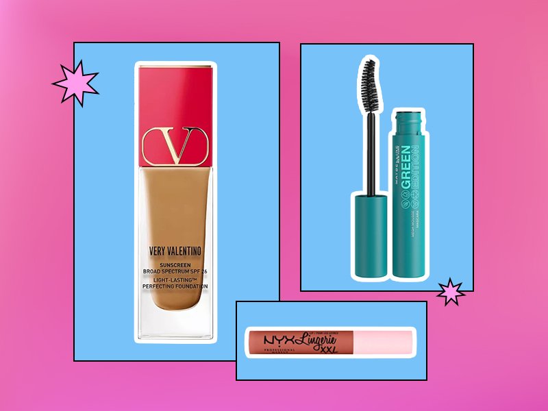 makeup products on pink and blue graphic background
