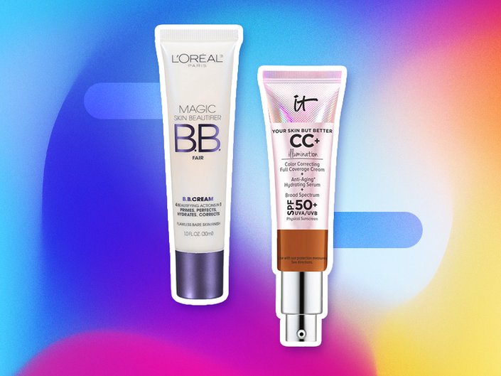 L'Oréal Paris Studio Secrets Magic Skin Beautifier BB Cream and IT Cosmetics CC+ Cream Illumination Full-Coverage Foundation with SPF 50+ on multicolored graphic background