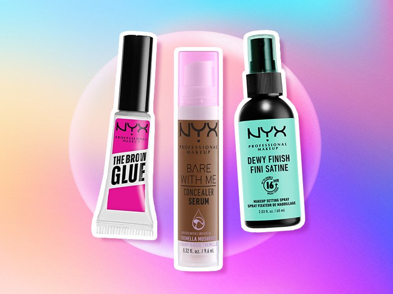 NYX Professional Makeup The Brow Glue Instant Brow Styler, NYX Professional Makeup Bare With Me Concealer Serum and NYX Professional Makeup Dewy Setting Spray on graphic background