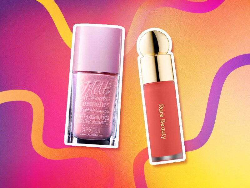 products collaged onto a pink and orange background