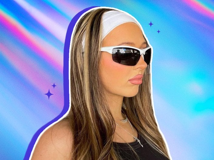 Side profile picture of girl wearing a thick white headband and white sunglasses on blue and purple graphic background