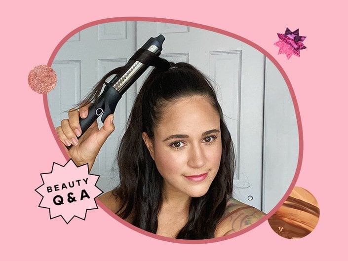 Woman curling her hair on pink graphic background