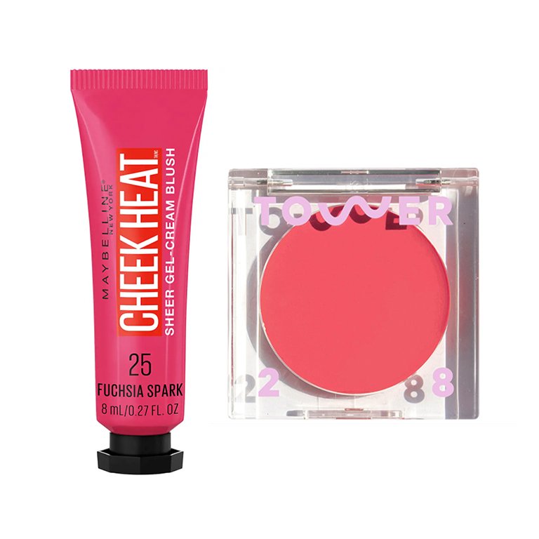 Maybelline New York Cheek Heat Gel-Cream Blush in Fuchsia Spark and Tower 28 BeachPlease Luminous Tinted Balm in Happy Hour