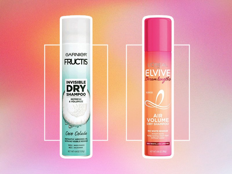 Garnier Fructis Invisible Dry Shampoo - Coco Colada and L’Oréal Paris Dream Lengths Air Volume Dry Shampoo on pink graphic background
