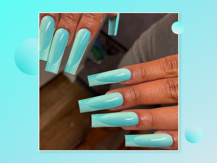 Person with aqua shadow French nails