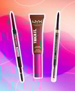 brow products with spoolies collaged on a pink background
