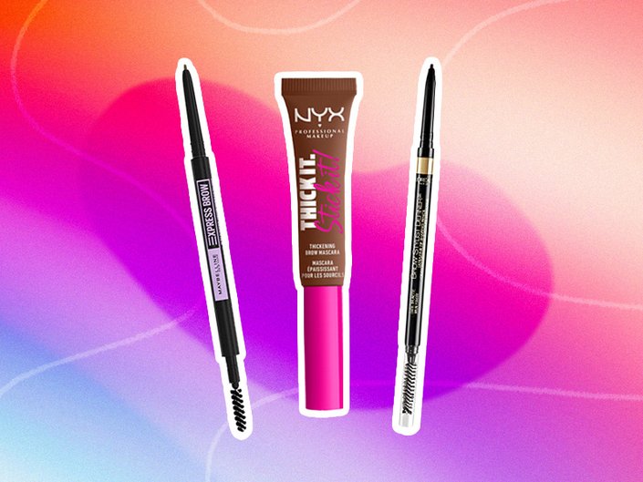 brow products with spoolies collaged on a pink background