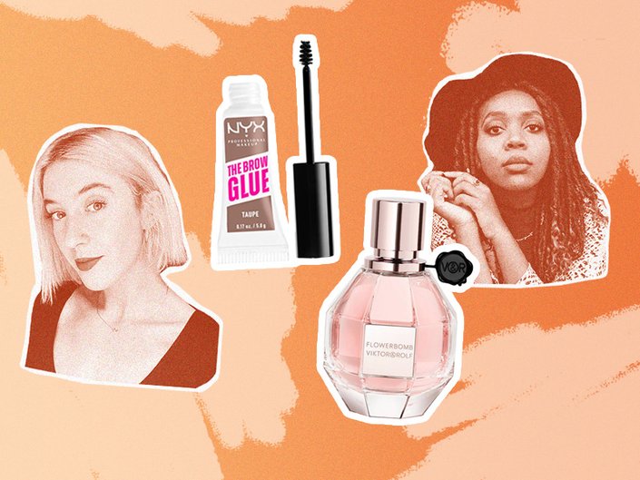 collage of editors on an orange background with new makeup products