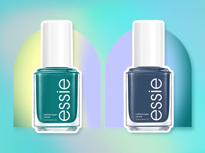 Essie (Un)guilty Pleasures green nail polish shade and Essie To Me From Me blue nail polish shade on a green and blue background