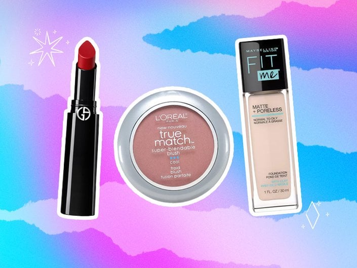 Image of the Giorgio Armani Beauty Lip Power Longwear Satin Lipstick, L'Oréal Paris True Match Super Blendable Blush in Rosy Outlook and Maybelline New York Fit Me Matte + Poreless Liquid Foundation on a pink and blue background