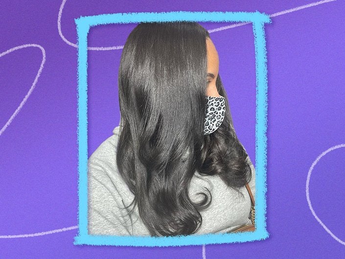 Image of a person in profile with long, shiny black hair in a silk press, on a purple background