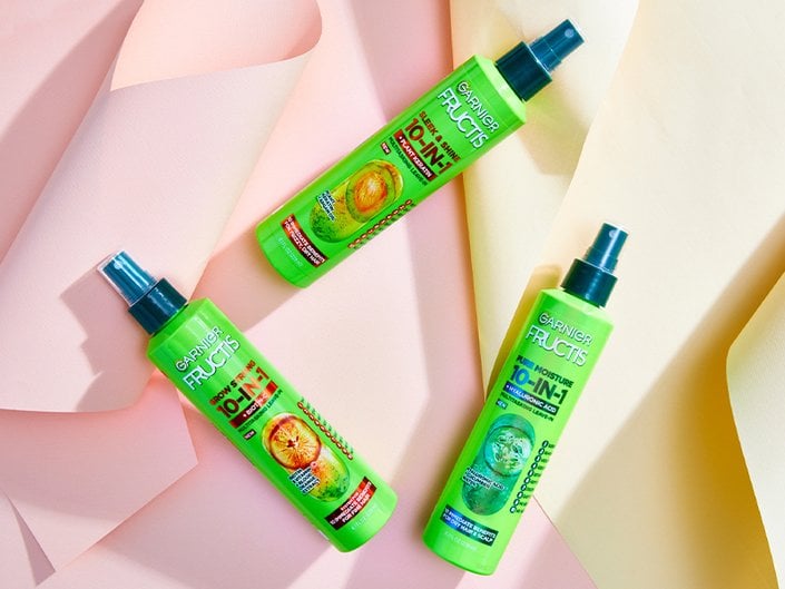 Picture of three Garnier Fructis Sleek & Shine 10-in-1 Leave-in Sprays