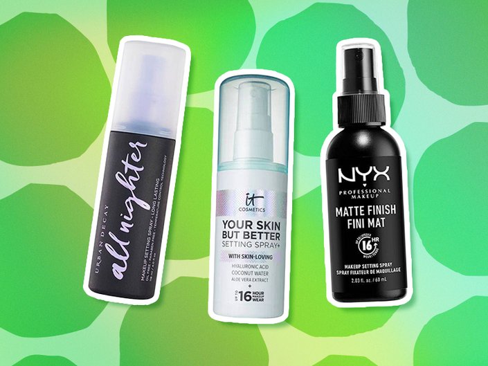 Picture of the Urban Decay All Nighter Setting Spray, IT Cosmetics Your Skin But Better Setting Spray+ and the NYX Professional Makeup Matte Setting Spray on a green graphic background