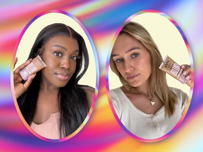 pictures of editors holding up the nyx blur tint foundation and collaged onto a rainbow background