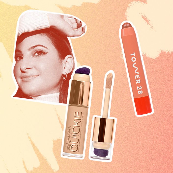 urban decay quickies concealer, tower 28 lip balm collaged onto an orange background with a photo of alanna
