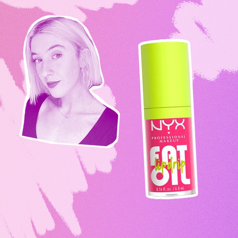 nyx fat lip oil collaged onto a pick background with a photo of ariel