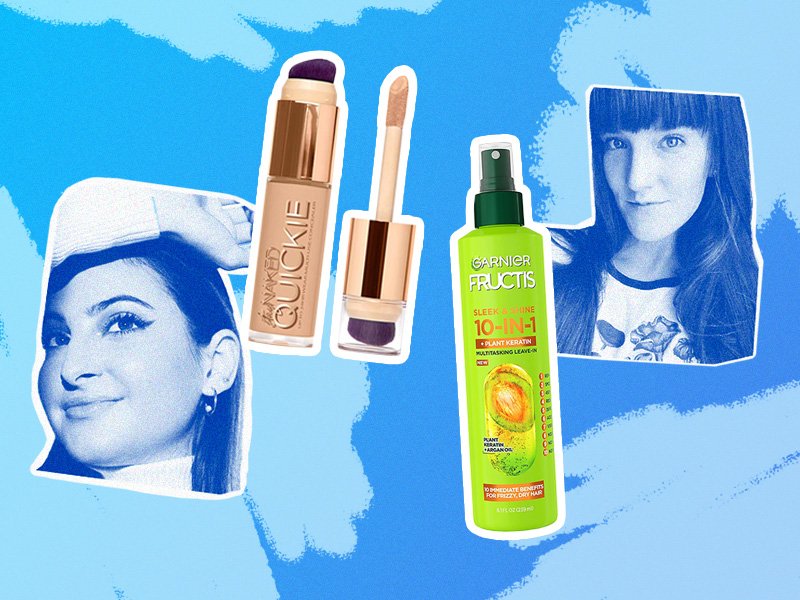 urban decay quickies concealer and garnier 10-in-1 spray collaged onto a blue background with editor photos