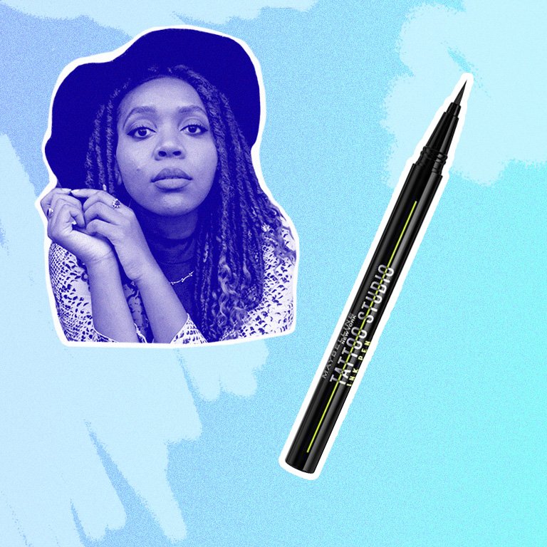 maybelline eyeliner pen collaged onto a blue background with a photo of kat