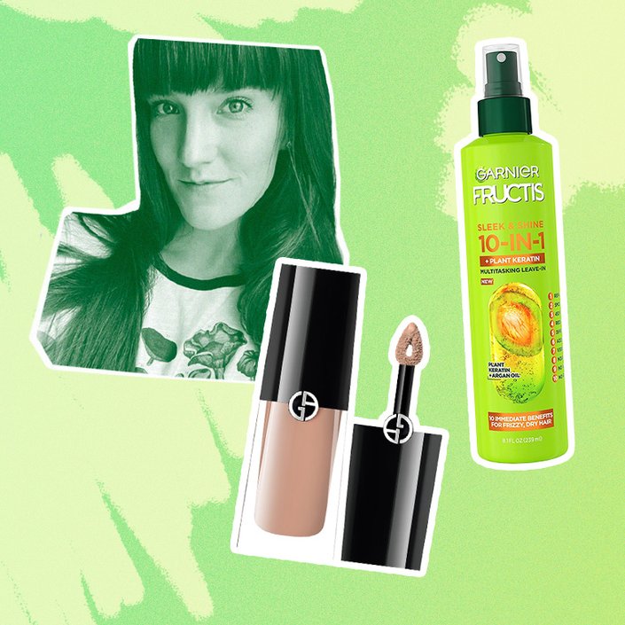 armani eye tint and garnier 10-in-1 spray collaged onto a grreen background with a photo of victoria