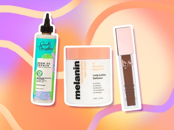 Picture of Carol's Daughter Born to Repair Moisture Treatment, Melanin Haircare Twist Elongating Style Cream and LYS Beauty Triple Fix Brightening Concealer on a purple and orange graphic background