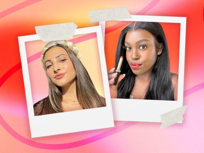 editors wearing the loreal paris colour riche volume matte lipstick in poloroid pictures collaged onto a bright red and pink background