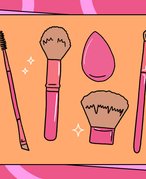 An illustration of makeup brushes on a graphic pink and orange background