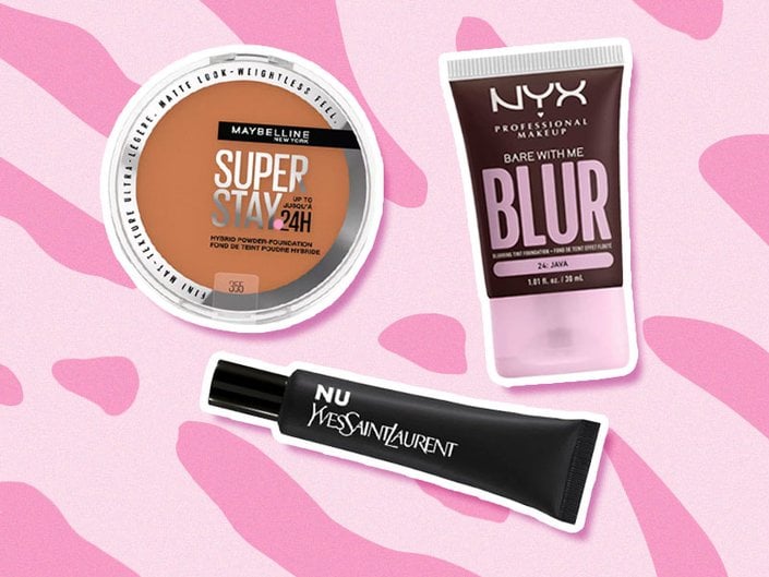 a powder, foundation and primer that will give you velvet skin collaged onto a pink graphic background