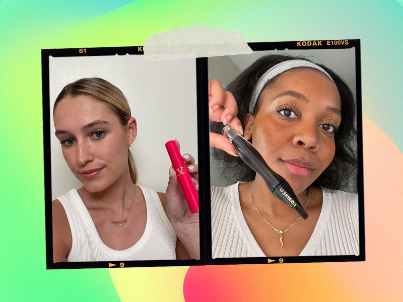 editors wearing their favorite mascaras collaged onto a multi-colored background
