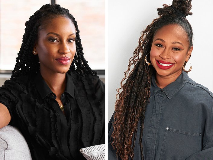 Side by side photos of Brittney Ogike, founder of BeautyBeez, wearing a black blouse and gold necklace and Sabrina Rowe Holdworth, founder of NTRL by Sabs, wearing a dark collared shirt and gold hoop earrings.