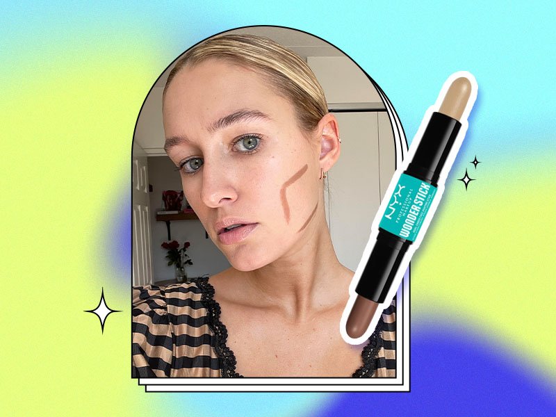 Collage of editor selfie with contour makeup drawn in a curved shape on her cheekbone and the NYX Professional Makeup WonderStick Contour and Highlighter Stick on a blue and green background