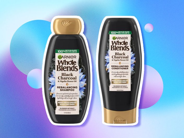 The Whole Blends Charcoal Shampoo and Conditioner collaged onto a colorful background