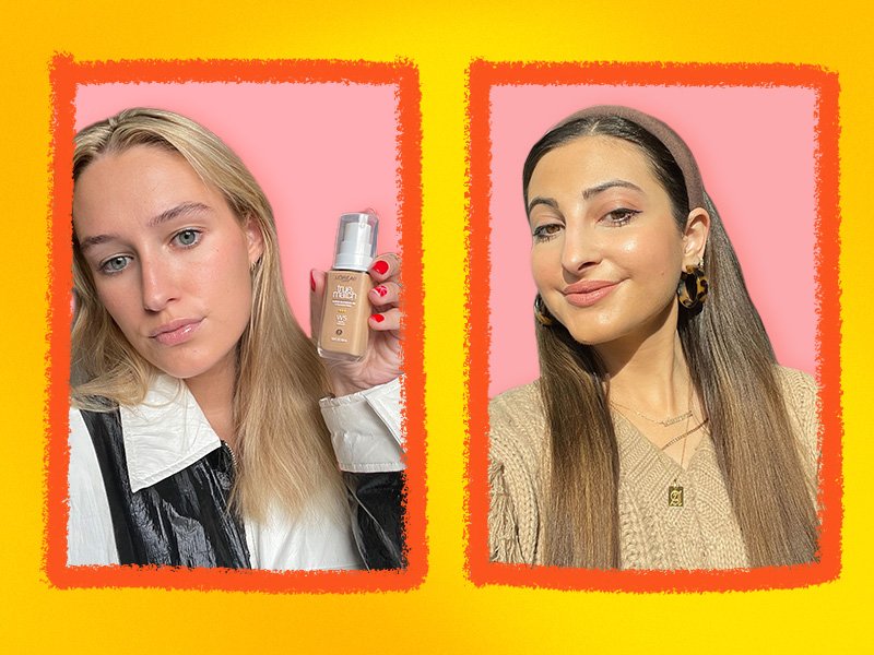 Collage of editor selfies of one editor holding up the L'Oréal Paris True Match Blendable Foundation and another editor wearing the foundation, collaged on a yellow background