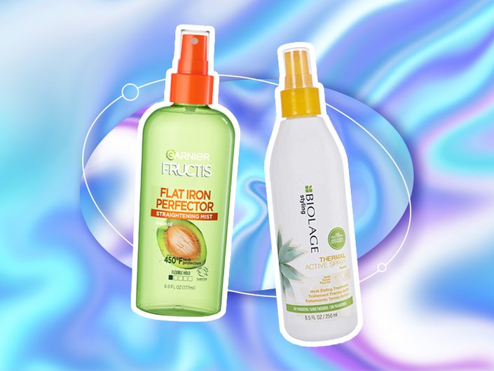 garnier perfector straightening mist, matrix Biolage Thermal Active Spray collaged onto a blue and purple swirly background